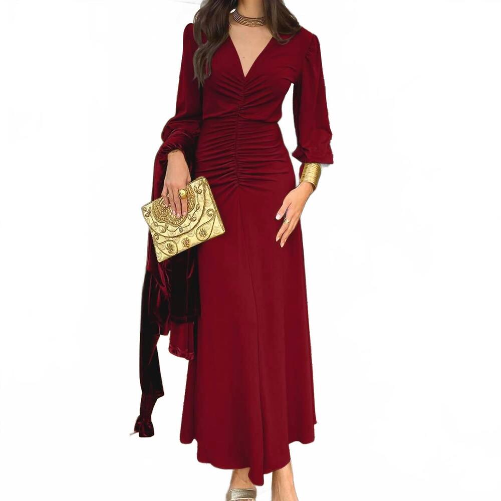 NEW ANNA-KACI v-neck long sleeve maxi dress with ruched bodice in burgundy